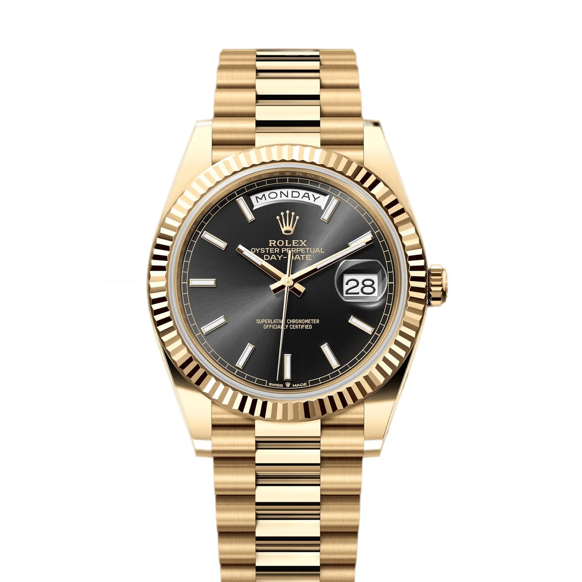 Rolex Day Date President 40mm 18k Yellow Gold Fluted Bezel Black Dial Watch 228238